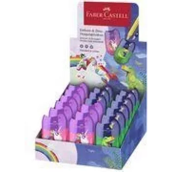 Dvojité ořezávátko v boxu FABER-CASTELL Dino/Jednorožec, display s nádobkou na hobliny pro snadné a čisté ořezávání, 18 ks (183551)