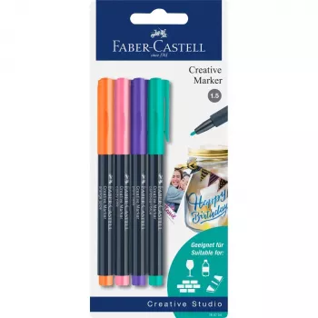 Faber-Castell Creative Marker sada 4 ks, inkoust na vodní bázi, bez zápachu, stálý proti rozmazání, mix barev 160704