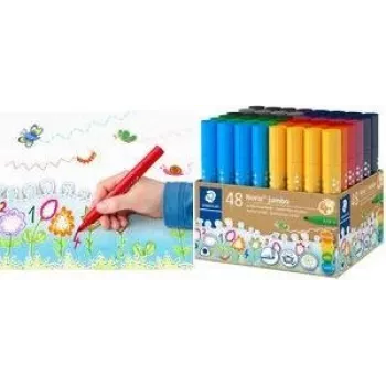 Fixy STAEDTLER Noris Jumbo 328-B KP48, 48 různých barev, 3,0 mm vláknový hrot, trojhranné tělo, omyvatelný inkoust, větraný uzávěr, opakovaně použitelný kelímek