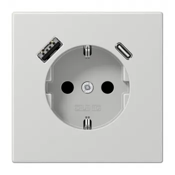 Zásuvka SCHUKO JUNG LS 1520-15 CA LG 16 A s USB nabíječkou 1 x Type-A + 1 x Type-C, Safety Plus, série LS, světle šedá