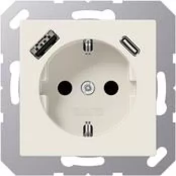Zásuvka SCHUKO JUNG A 1520-15 CA 16 A 250 V s USB nabíječkou 1 x Type-A + 1 x Type-C, Safety Plus, série AS, bílá (ivory)