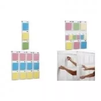 Nástěnný prezentační stojan HELIT PLACATIV, 6 přihrádek A4 na výšku + 12 přihrádek 1/3 A4, čirý SAN, hloubka 35 mm H6812302