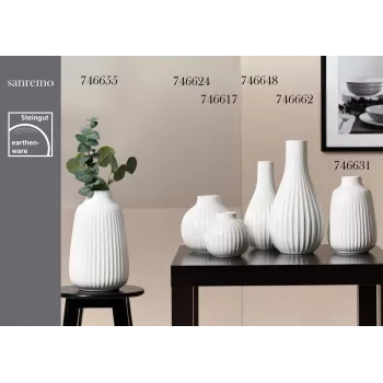 Váza na květiny Ritzenhoff & Breker SANREMO bílá kamenina, sada 2 ks, 240 mm, dekorativní drážkovaná struktura 746655