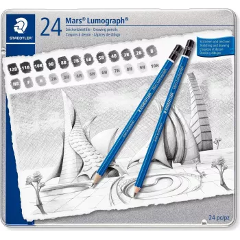 Sada kreslicích tužek STAEDTLER Mars Lumograph 100 G24, 24 různých tvrdostí v kovové krabičce, modrá šestihranná