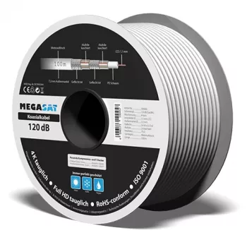 Koaxiální kabel Megasat 100 m, čtyřvrstvé stínění, 120 dB, 75 Ohm, F-Type Ready 100066