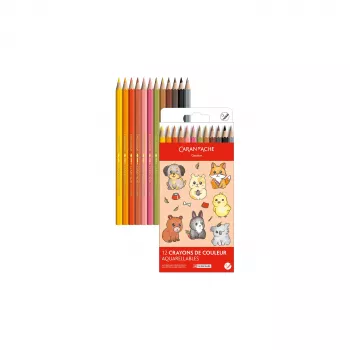 Akvarelové pastelky CARAN D'ACHE Swisscolor Kawaii Animals, sada 12 ks, cedrové dřevo, šestihranné 1285.803