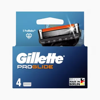 Náhradní břity do holicího strojku Gillette ProGlide pro muže, 4 cartridge, 5 anti-friction břitů + precision trimmer, Lubrastrip, kompatibilní s rukojeťmi Fusion5 8001090456366
