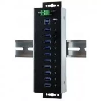 Průmyslový 10portový USB 3.2 Gen 1 hub EXSYS EX-1110HMVS-WT, montovatelný na DIN lištu, kov, 5Gbps