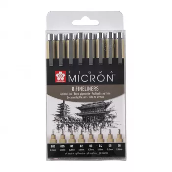 SAKURA Pigma Micron Fineliner Pen Set, 8-Piece, Black, Assorted Tip Sizes 0.15mm to Brush POXSDK8