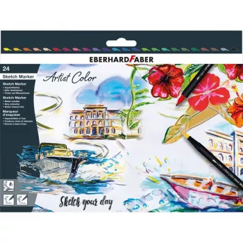 Sada oboustranných brush penů Faber-Castell Eberhard Faber Artist Color 24 ks, fineliner a štětcové hroty, různé barvy 558224