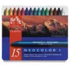 Voskové pastely Caran d'Ache Neocolor I, 15 různých barev, kulaté, papírový obal, plechová krabička 7000.315