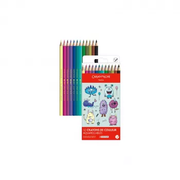 Pastelky Caran d'Ache Swisscolor Kawaii Monsters rozpustné ve vodě sada 12 ks šestihranné cedrové dřevo 1285.801