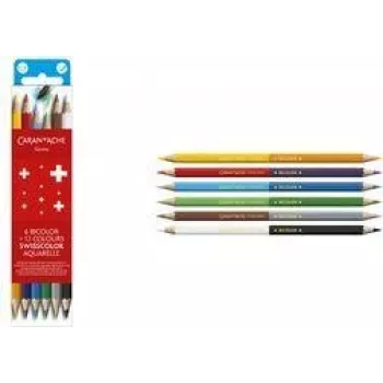 Caran d'Ache Swisscolor Bicolor Aquarelle vodou ředitelné barevné tužky, 6 bicolor tužek = 12 barev, šestihranné, FSC cedr 1285.706