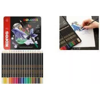 Trojhranné barevné tužky Kores KOLORES SELECTION, 24 různých barev, lipové dřevo, plně lepená tuhá, nerozbitné, ergonomické BB93325
