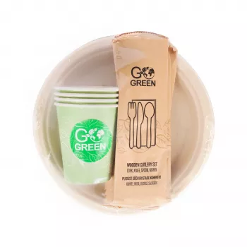 Kompostovatelná pikniková jídelní sada GOGREEN pro 4 osoby, 24 dílů, rostlinná, přírodní bílá
