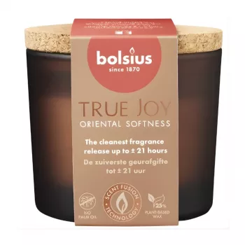 Vonná svíčka ve skle Bolsius True Joy Oriental Softness s korkovým víčkem, Ø66x83 mm