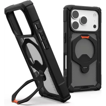 Pouzdro UAG Urban Armor Gear Plasma XTE 360 MagSafe Kickstand pro Apple iPhone 18 Pro/17 Pro - transparentní šedé s černými a oranžovými akcenty 114573114097