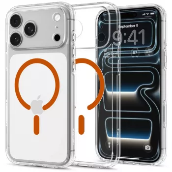 Pouzdro Spigen Ultra Hybrid MagSafe pro iPhone 17 Pro / 18 Pro – čiré/oranžové