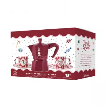 Sada ručního kávovaru Bialetti Candyland Moka Express 3TZ, 150 ml, červená + 2 šálky
