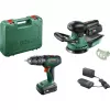 Sada Bosch DIY UniversalImpact 18V + AdvancedOrbit 18V, 2x 2,0Ah Li-Ion baterie, akumulátorový příklepový vrtací šroubovák + akumulátorová excentrická bruska, zelená (06039D410A)