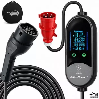 Qoltec mobilní nabíječka EV pro elektromobily a hybridy, 2-in-1 nastavení, Type 2, 7 kW, 230 V, CEE 32 A, LED, 5 m