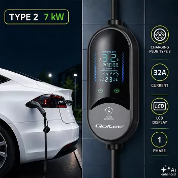Qoltec mobilní nabíječka EV pro elektromobily a hybridy, 2-in-1 nastavení, Type 2, 7 kW, 230 V, CEE 32 A, LED, 5 m