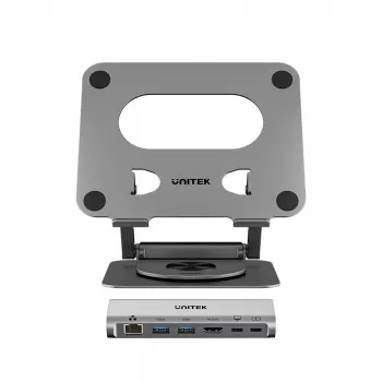 Stojan na notebook Unitek s odnímatelným 5v1 USB-C hubem – 2x USB-A 5Gbps, HDMI 4K@60Hz, RJ45, PD 100W (D1109CGY01)