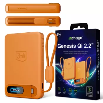 3mk incharge® Genesis Qi 2 25W bezdrátová nabíječka + PD45W, integrovaný kabel USB-C, oranžová