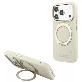 Pouzdro Guess Ring Stand 360 Grained Classic Logo MagSafe pro iPhone 18 Pro Max / 17 Pro Max, béžové