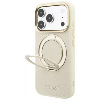 Pouzdro Guess Ring Stand 360 Grained Classic Logo MagSafe pro iPhone 18 Pro Max / 17 Pro Max, béžové