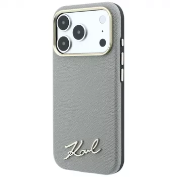 Pouzdro Karl Lagerfeld Saffiano Small Script Metal Logo MagSafe pro iPhone 18 Pro Max / 17 Pro Max, béžové