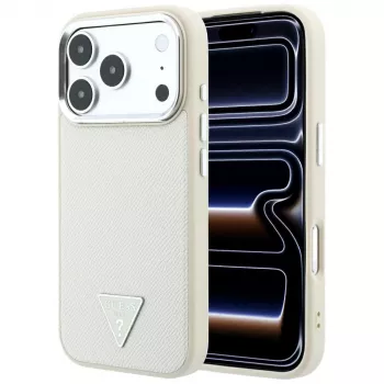 Pouzdro Guess Grained Triangle Logo MagSafe pro iPhone 18 Pro / 17 Pro, béžové