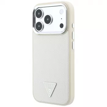 Pouzdro Guess Grained Triangle Logo MagSafe pro iPhone 18 Pro / 17 Pro, béžové