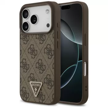 Pouzdro Guess Leather 4G Triangle Strass MagSafe pro iPhone 18 Pro / 17 Pro, hnědé