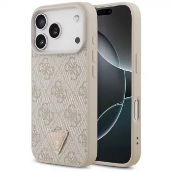 Pouzdro Guess Leather 4G Triangle Strass MagSafe pro iPhone 18 Pro / 17 Pro, růžové