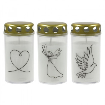 Candela Grave candle with cap 5.6x11.5cm, burning time ~40h, white with mix print