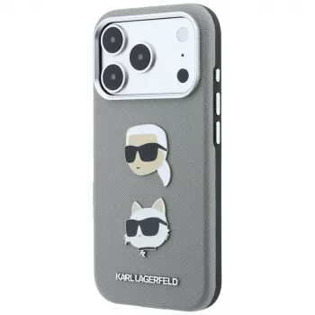 Pouzdro Saffiano s Karl & Choupette Heads Pins a logem Karl Lagerfeld KF003253 pro iPhone 18 Pro / 17 Pro, šedé