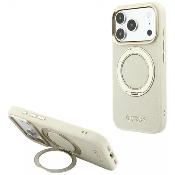 Pouzdro Guess GUE005667 Ring Stand 360 Grained Classic Logo MagSafe pro iPhone 18 Pro / 17 Pro, béžové