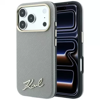 Pouzdro Karl Lagerfeld Saffiano Small Script Metal Logo MagSafe pro iPhone 18 Pro / 17 Pro, béžové