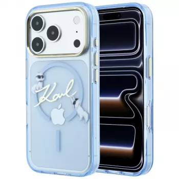 Pouzdro Karl Lagerfeld Script Logo MagSafe pro iPhone 18 Pro / 17 Pro, světle modré