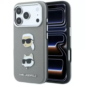 Pouzdro Karl Lagerfeld Saffiano s Karl & Choupette Heads Pins & Logo pro iPhone 18 Pro Max / 17 Pro Max, šedé
