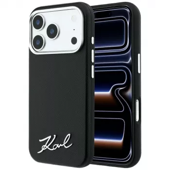 Pouzdro na smartphone Karl Lagerfeld Saffiano Small Script Metal Logo MagSafe pro iPhone 18 Pro / 17 Pro, černé