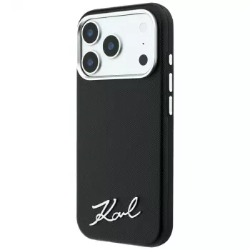 Pouzdro na smartphone Karl Lagerfeld Saffiano Small Script Metal Logo MagSafe pro iPhone 18 Pro / 17 Pro, černé