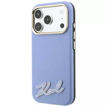 Pouzdro MagSafe Karl Lagerfeld KF003170 Grained with Resin Signature Logo pro iPhone 18 Pro Max / 17 Pro Max, světle modrá