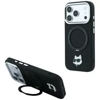 Pouzdro MagSafe Karl Lagerfeld KF003216 Ring Stand 360 Choupette Head Pin pro iPhone 18 Pro Max / 17 Pro Max, černé