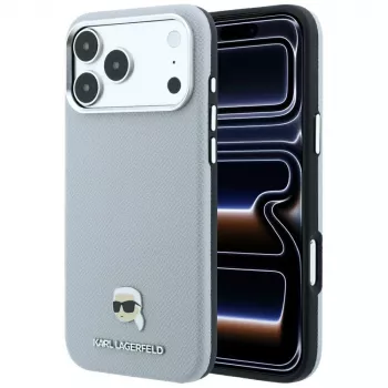 Pouzdro Karl Lagerfeld Grained Karl Head Metal, MagSafe, pro iPhone 18 Pro / 17 Pro, šedá