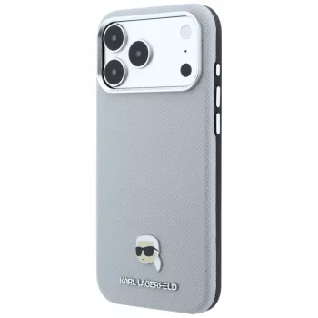 Pouzdro Karl Lagerfeld Grained Karl Head Metal, MagSafe, pro iPhone 18 Pro / 17 Pro, šedá