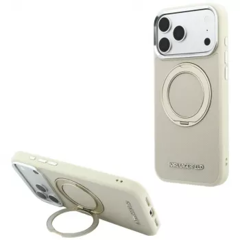 Pouzdro Karl Lagerfeld Ring Stand 360 Saffiano Classic Logo MagSafe pro iPhone 18 Pro Max / 17 Pro Max, béžové