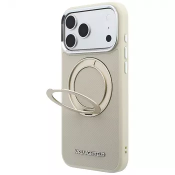Pouzdro Karl Lagerfeld Ring Stand 360 Saffiano Classic Logo MagSafe pro iPhone 18 Pro Max / 17 Pro Max, béžové
