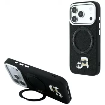 Pouzdro Karl Lagerfeld Ring Stand 360 Karl & Choupette Heads Pin MagSafe pro iPhone 18 Pro Max / 17 Pro Max, černé